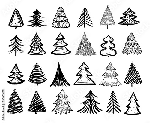 Sketch fir tree. Christmas trees scribble pen drawn holiday decoration. Vintage doodle graphic vector isolated collection. Paintbrush sketch, christmas tree pencil illustration