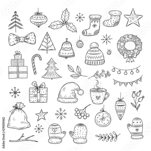 Winter holiday doodle set. Sketch christmas gift boxes, santa hats, and fir-trees, xmas garland. Vector isolated collection xmas holiday doodle, gift christmas illustration