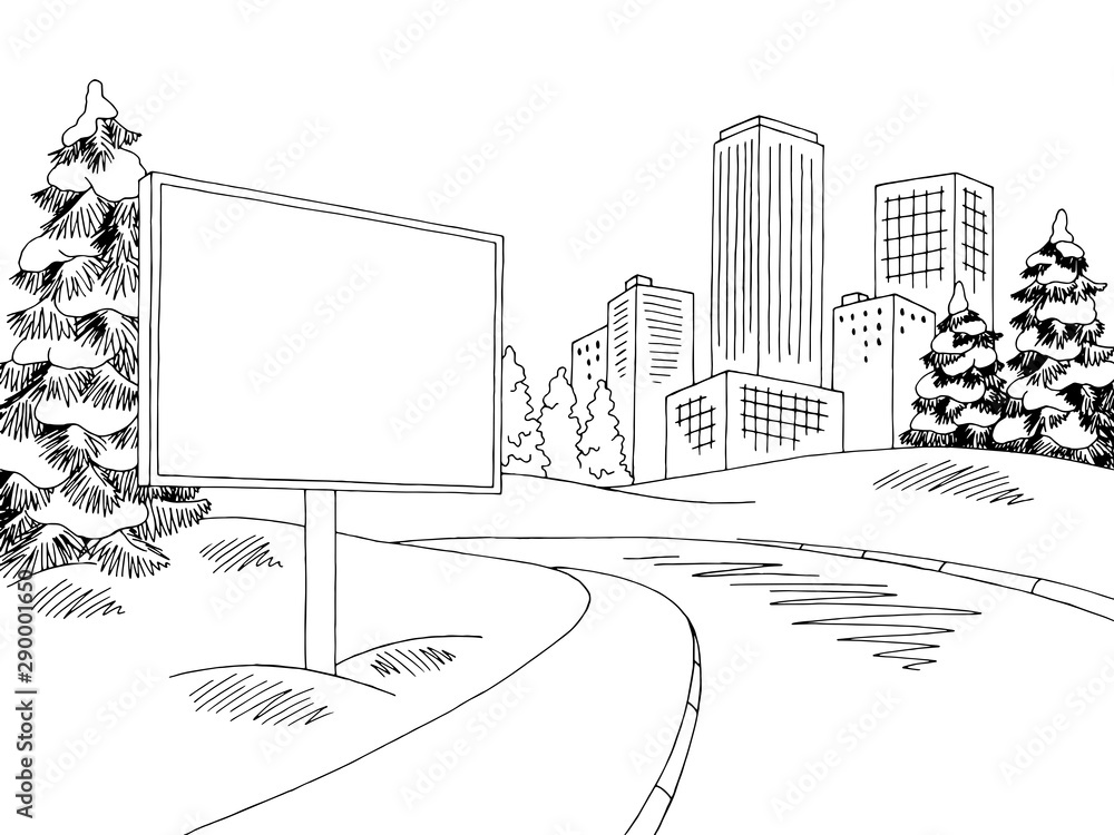 Winter street billboard graphic black white landscape sketch illustration vector