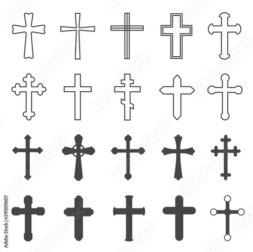 Christian crosses. Decorative crucifix religion catholic symbol, orthodox faith church cross design, isolated flat vector set. Crucifix catholic, orthodox and christian cross illustration