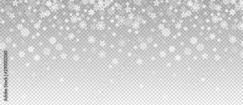 Winter snowfall. Falling snow, flakes banner. Vector Christmas snowfall border isolated on transparent background. Snow winter, christmas snowfall, transparency snowy illustration