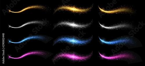 Sparkle stardust. Golden silver glittering magic vector waves. Shining elements isolated on black background. Illustration sparkle and glow wave, shine magic dust