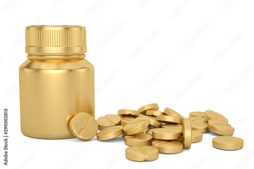 A medicine bottle and currency symbol pills Isolated on white background. 3d illustration A medicine bottle and currency symbol pills Isolated on white background. 3d illustration
