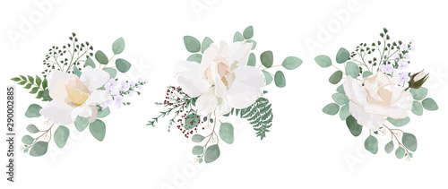 Set bouquets with leaves and flowers, watercolor, isolated on white. Vector Watercolour.