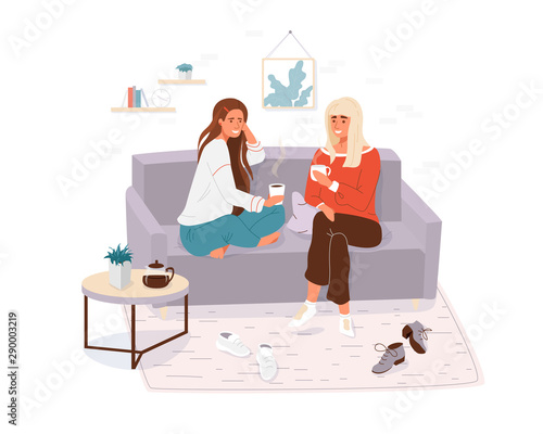 Two young women spending time together. Girls cosy sitting on the couch, talking and holding cup tea, coffee. Home or cafe style modern vector illustration