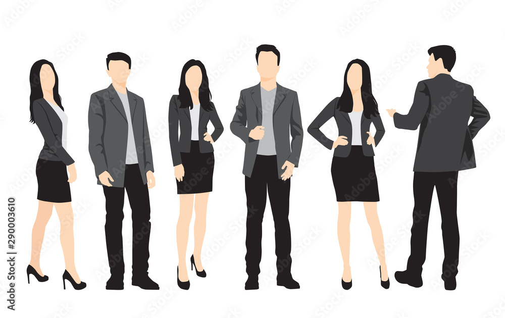 Obraz premium Silhouettes of men and women standing, cartoon character, group business people, vector illustration, flat designe icon, isolated on white background
