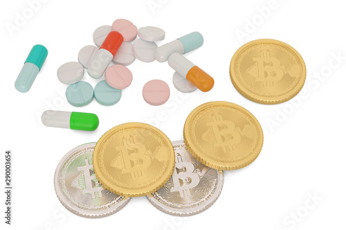 Bitcoin and pills isolated on white background 3D illustration.