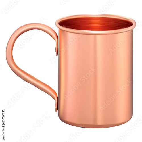 Metal mug. Copper tourist cup. Coffee, tea or water flask mockup template isolated on white background. Aluminum or steel tin vector blank. Gold metallic travel cup with handle/ Shiny touristic jar