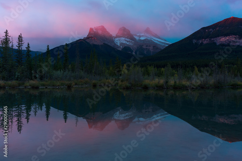 Misty Red Sunrise over Three Sisters near Canmore Canada
