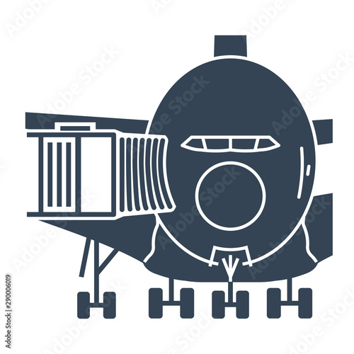 black icon passenger jet, aero bridge, airplane docked