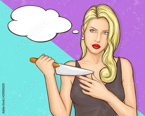 Killer wife, female maniac, womans revenge concept. Pretty, blond woman with enigmatic, suspicious look, touching, trying sharpness of kitchen knife blade in her hands pop art vector illustration