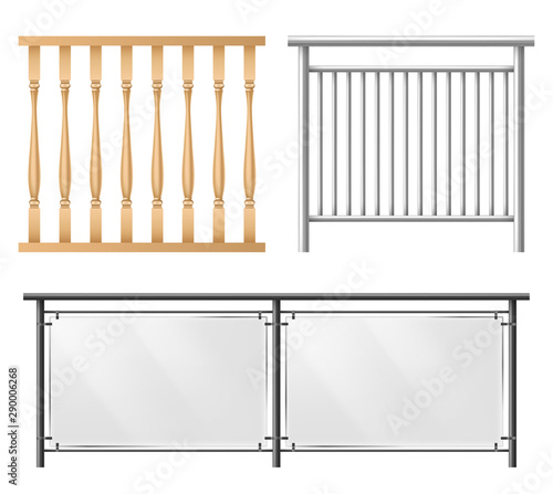 Wooden, metallic, glass railings, fence section for home stairways, house balcony, sidewalk fencing 3d realistic vector set isolated on white background. Room, public place interior design elements