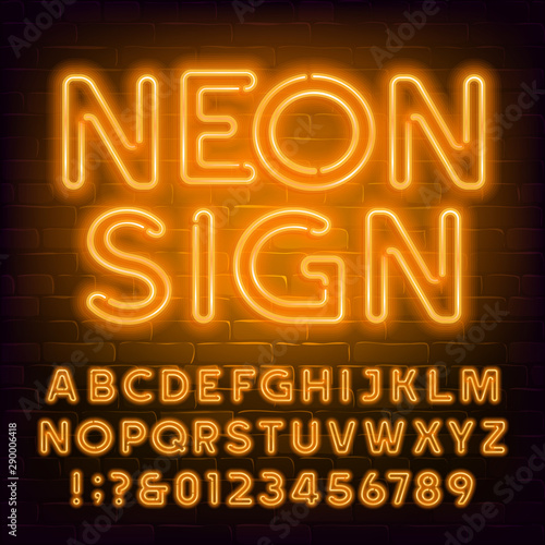 Orange neon alphabet font. Retro light bubble letters and numbers on brick wall background. Stock vector typescript for your typography design.