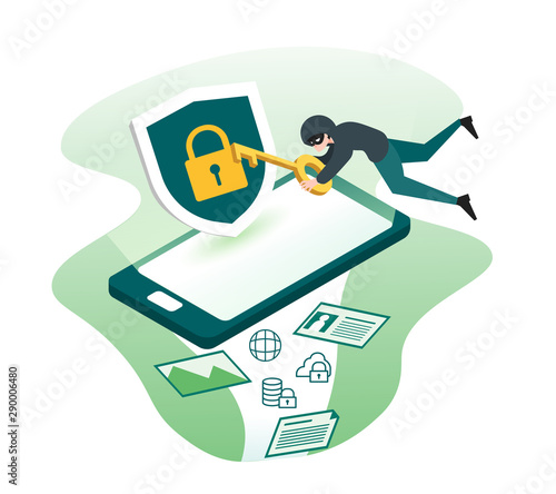 Data phishing, hacker attack, data protection, privacy and personal information security concept with smartphone and shield illustration