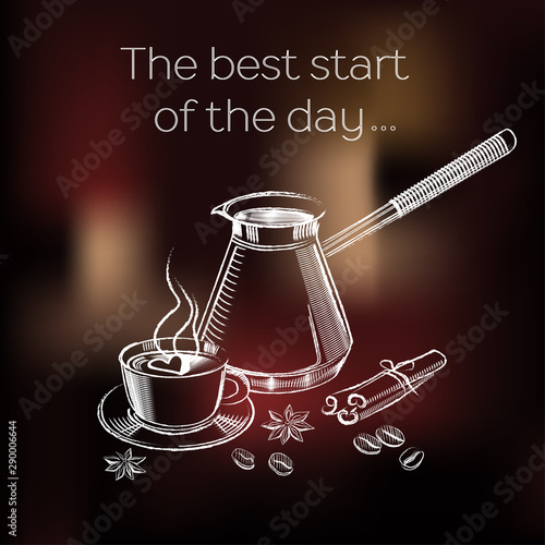Coffee illustration on a chalkboard hand drawn collection. Vector sketch illustration set with cezve, Cups, Cinnamon, Star Anise, Coffee Beans design. Hand drawn vector banner. 
