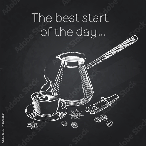 Coffee illustration on a chalkboard hand drawn collection. Vector sketch illustration set with cezve, Cups, Cinnamon, Star Anise, Coffee Beans design. Hand drawn vector banner. 