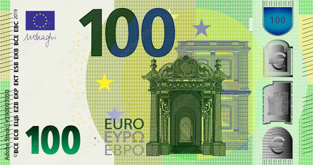 The front side of the stylistic banknote of 100 euros issued on May 28, 2019 with the signature Draghi - obrazy, fototapety, plakaty 