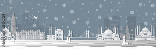 Panorama of winter Istanbul paper art style vector illustration. Istanbul architecture. Cartoon Turkey symbols and objects. Historical sights. Paper city. Paper cut style Istanbul city composition