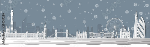 Panorama of world famous landmarks of London, England in paper cut style vector illustration. Winter London city buildings silhouette. English urban landscape. London cityscape with landmarks.
