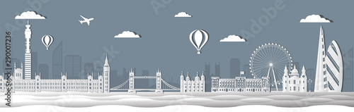 Panorama of world famous landmarks of London, England in paper cut style vector illustration. London city buildings silhouette. English urban landscape. London cityscape with landmarks.