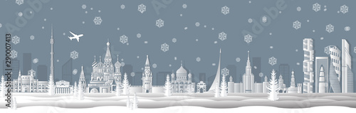 Panorama of winter Moscow vector illustration. Moscow architecture. Cartoon Russia symbols and objects. Panorama postcard and travel poster of world famous landmarks of Moscow in paper cut style.