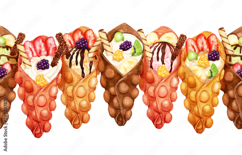 Watercolor stripe of sweet bubble waffles with cream and fresh fruits on white