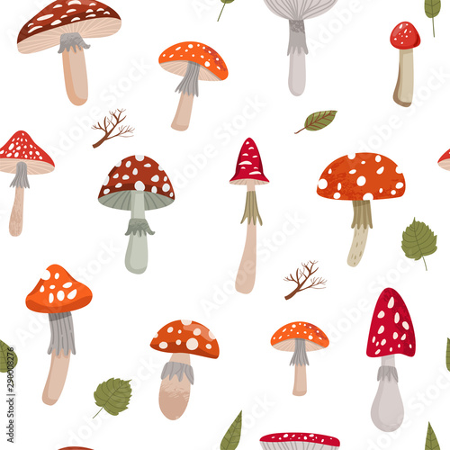 Autumn seamless pattern with various mushrooms of amanita, leaves and branch. Print for fabric, packaging, scrapbooking and wrapping paper. Vector illustration on white background.