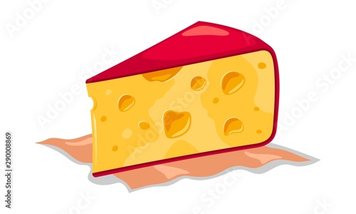 Wedge of appetizing creamy yellow holed semi hard cheese with red rind on napkin. Cheddar, maasdam, swiss, emmental. Organic food. Cartoon, realistic vector illustration isolated on white background.