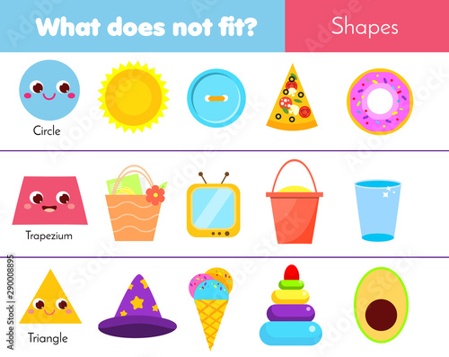 Educational children game. What does not fit type. learning geometric shapes in life. Worksheet for kids and toddlers