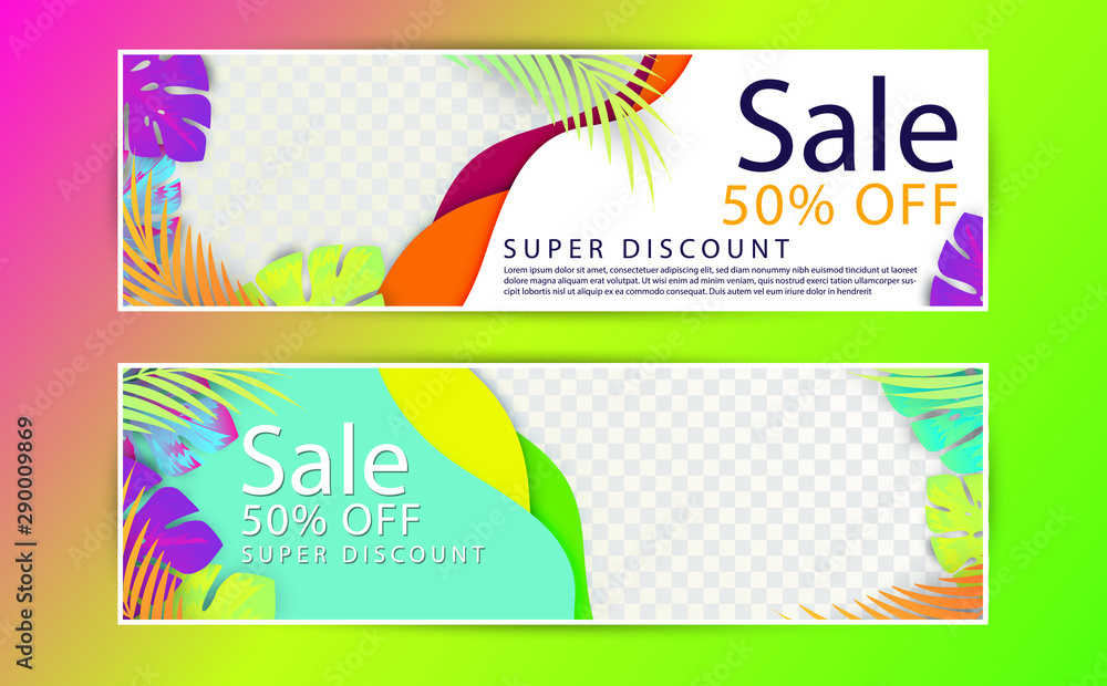 Colorful Tropical Tree Leaves Paper Art, Paper Cut Discount Banner Designs, Colorful Paper Cut Banners for Websites, Designs etc.