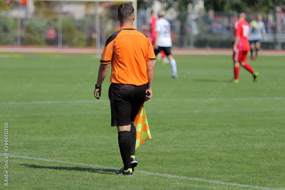 The line referee observes the situation on the football field The line referee observes the situation on the football field