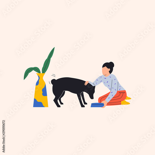Woman feeding her dog. Woman sitting and petting his dog with dish bowl on the floor. Dog is standing and waiting for food. Vase with flowers near them. Flat vector illustration