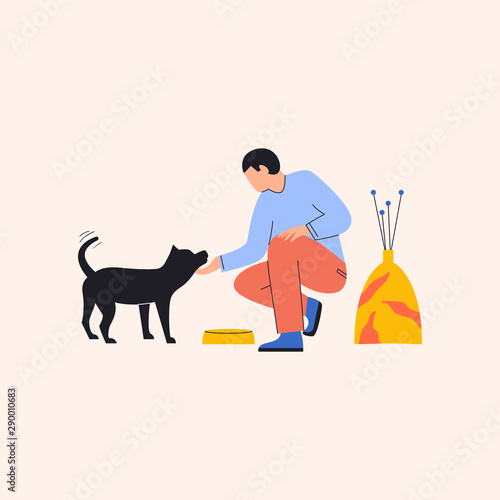 Man feeding her dog. Man sitting and petting his dog with dish bowl on the floor. Dog is standing and waiting for food. Vase with flowers near them. Flat vector illustration
