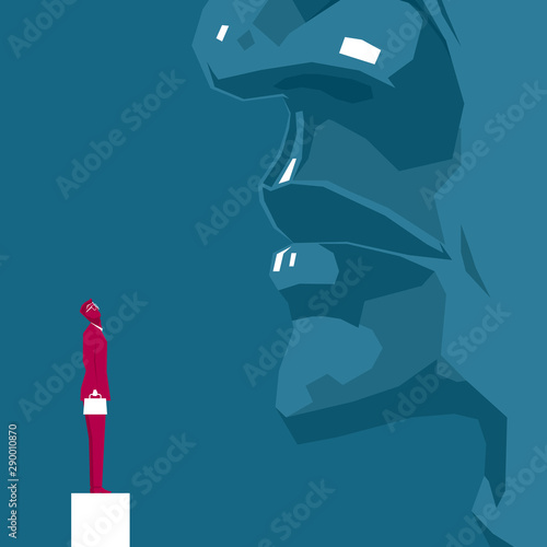 Businessman and huge face. Isolated on blue background.