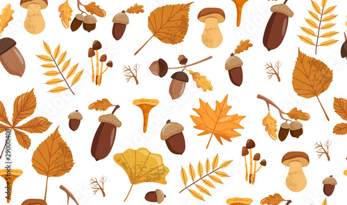 Autumn seamless pattern with various mushrooms, acorns and leaves. Print for fabric, packaging, scrapbooking and wrapping paper. Vector illustration on white background.