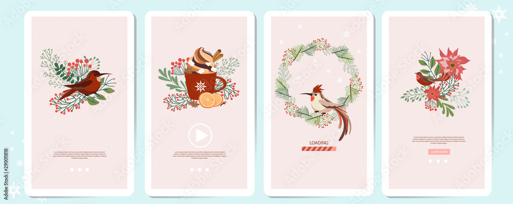 Set of Mobile App Page with Christmas plant, Christmas wreath, floral, spices and birds. Editable vector illustration.