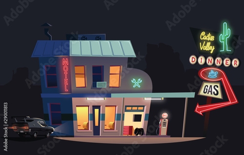 Car at the gas and service station with motel and restaurant in american desert at night