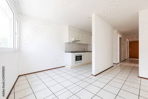 Empty room with vintage kitchen, white tiles and walls