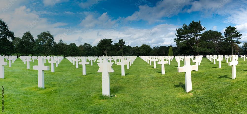 panorama view of headstones in the American Cemetery at Omaha Beach in Normandy