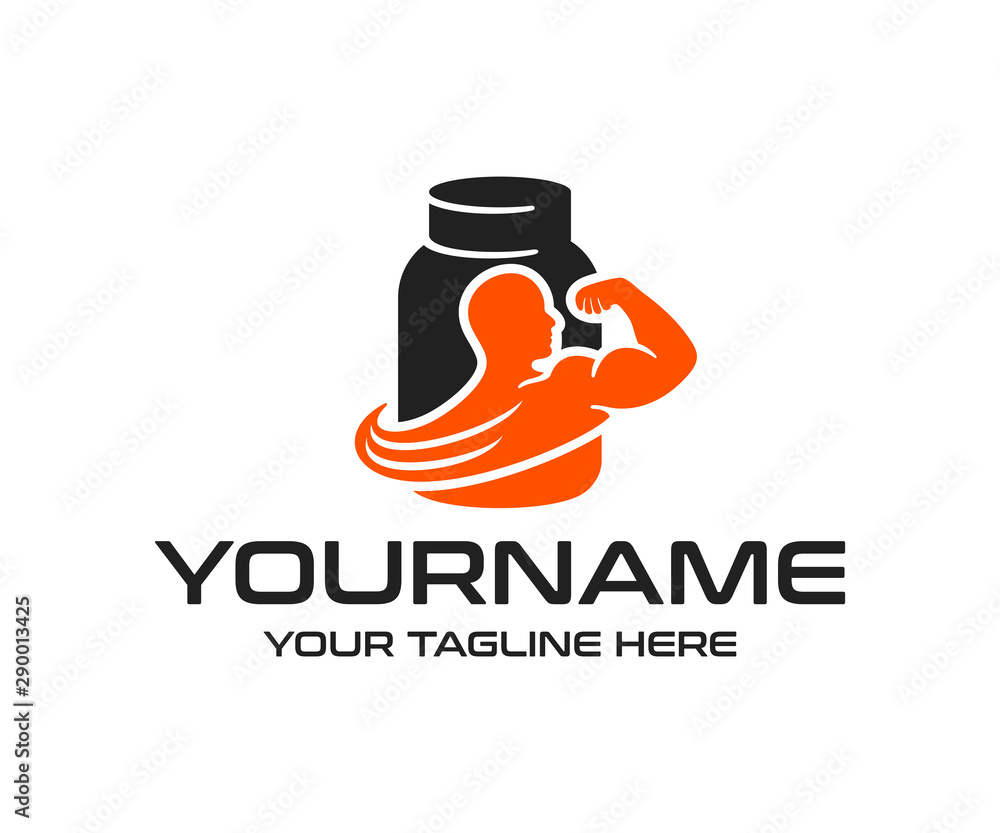 Protein powder or nutrition for bodybuilding and fitness, logo design. Sport food or eating, whey protein powder, vector design and illustration Protein powder or nutrition for bodybuilding and fitness, logo design. Sport food or eating, whey protein powder, vector design and illustration