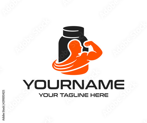 Protein powder or nutrition for bodybuilding and fitness, logo design. Sport food or eating, whey protein powder, vector design and illustration