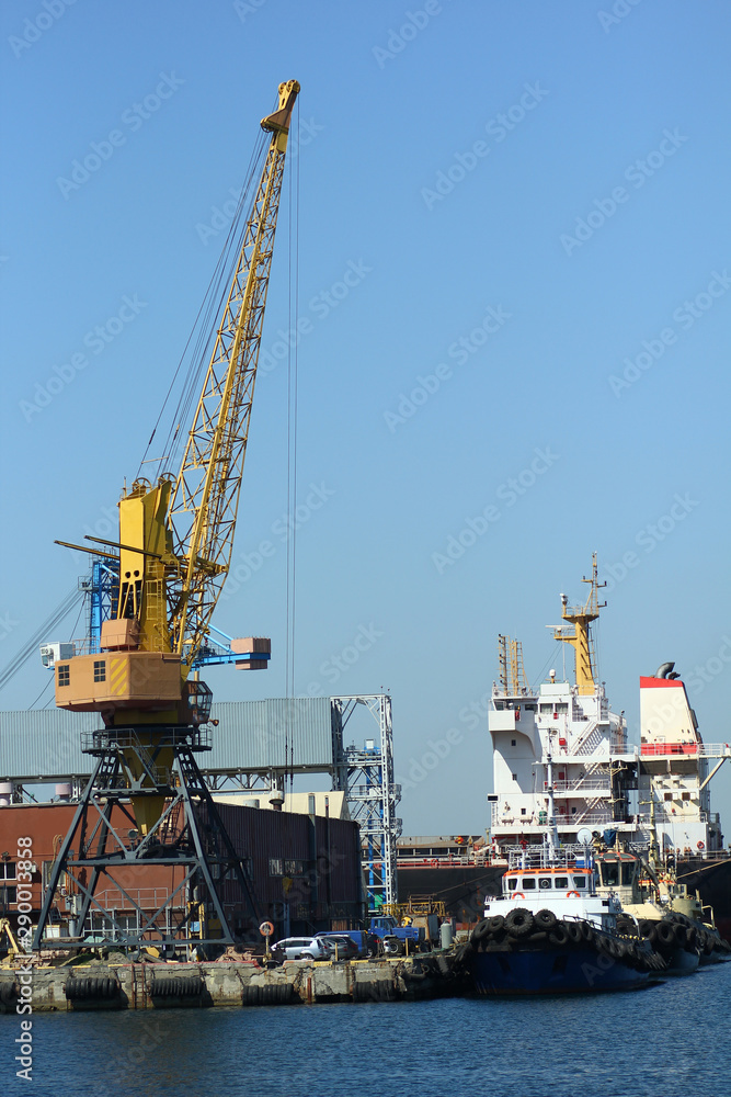 Industrial view of sea port warehouse, container cranes and ships. Import export, global logistics concept.