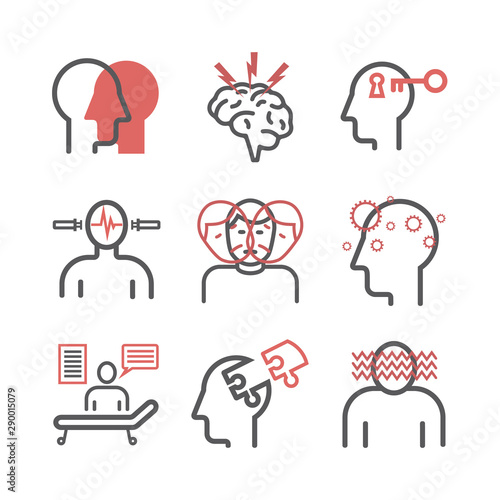 Schizophrenia line. Symptoms, Treatment. Icons set. Vector signs for web graphics.