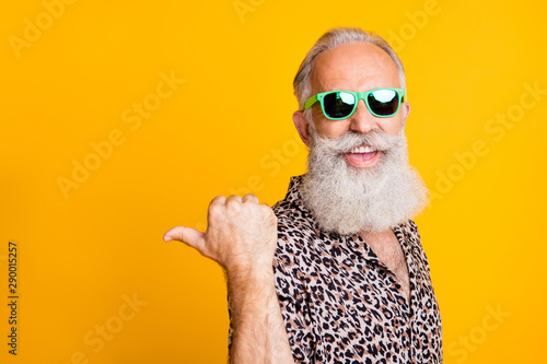 Portrait of crazy bearded old man point at copyspace reccomend promo ads feel funny funky wearing leopard shirt green eyeglasses eyewear isolated over yellow background photo