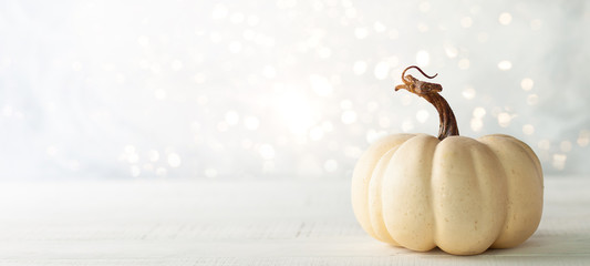 White pumpkin on vintage wooden table. Autumn still life. Halloween or Thanksgiving minimal concept.