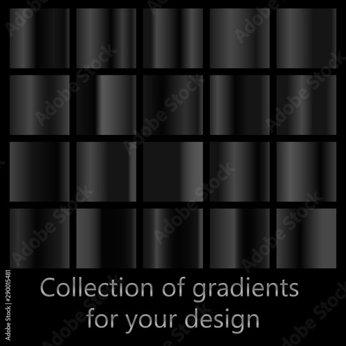 Collection of black gradient backgrounds. Set of black metallic textures. Vector illustration