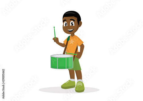 Cartoon character, African Boy playing drum.