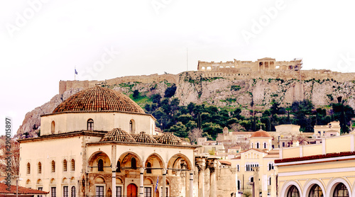 Monastiraki square, Tzistarakis Mosque and Acropolis in Athens,Greece