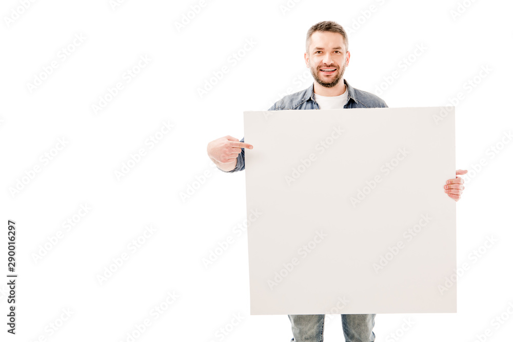front view of smiling bearded man holding blank placard isolated on white front view of smiling bearded man holding blank placard isolated on white