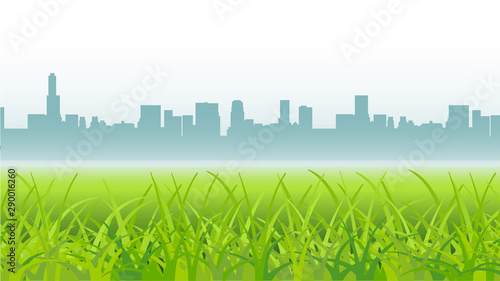 Vector morning landscape with field, sky and city